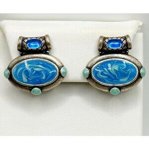 Silvertone And Blue Swirl Enamel Earrings Clip On